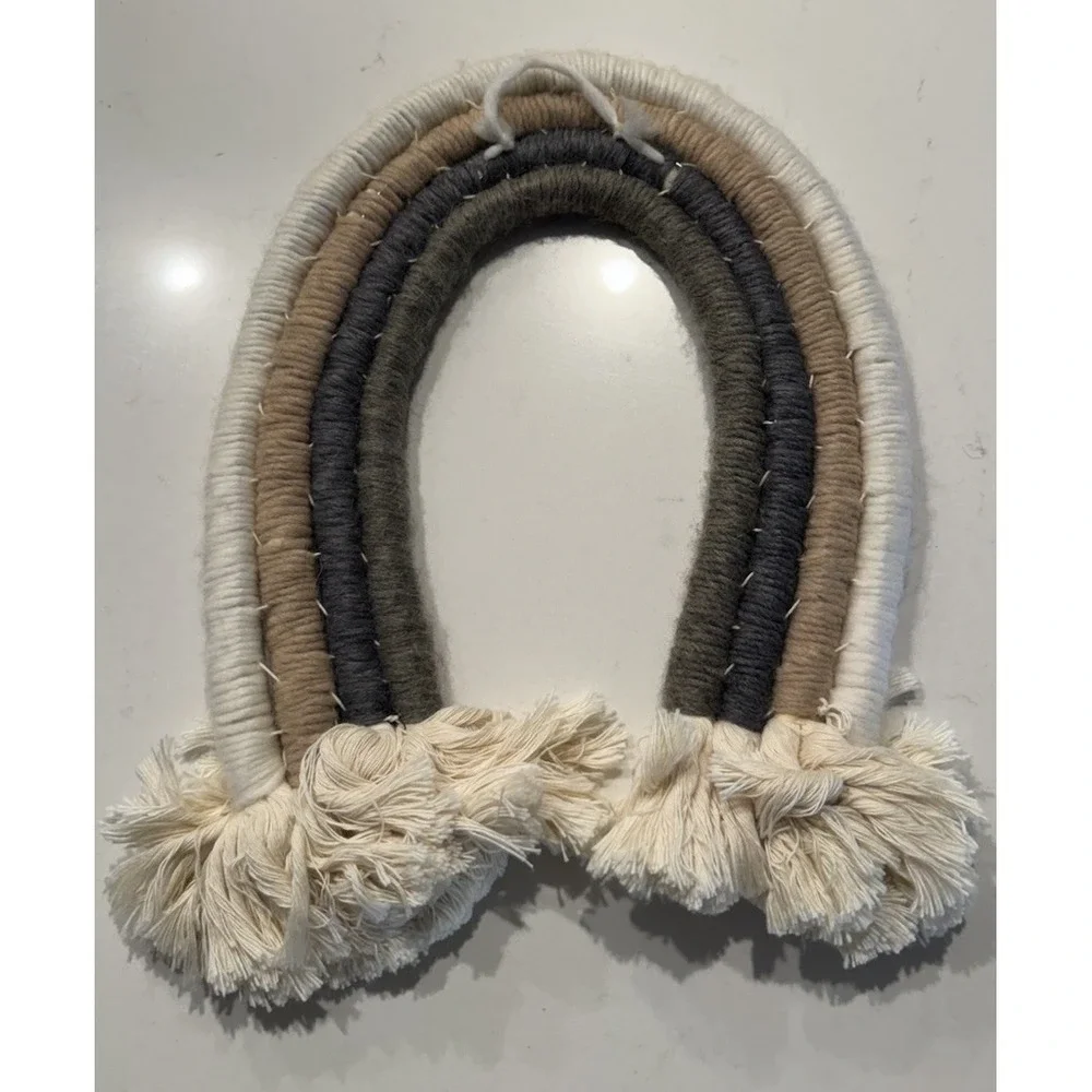 Rainbow Macrame Wall Decor Neutral Fringe Baby Nursery Minimalist Boho Cottage